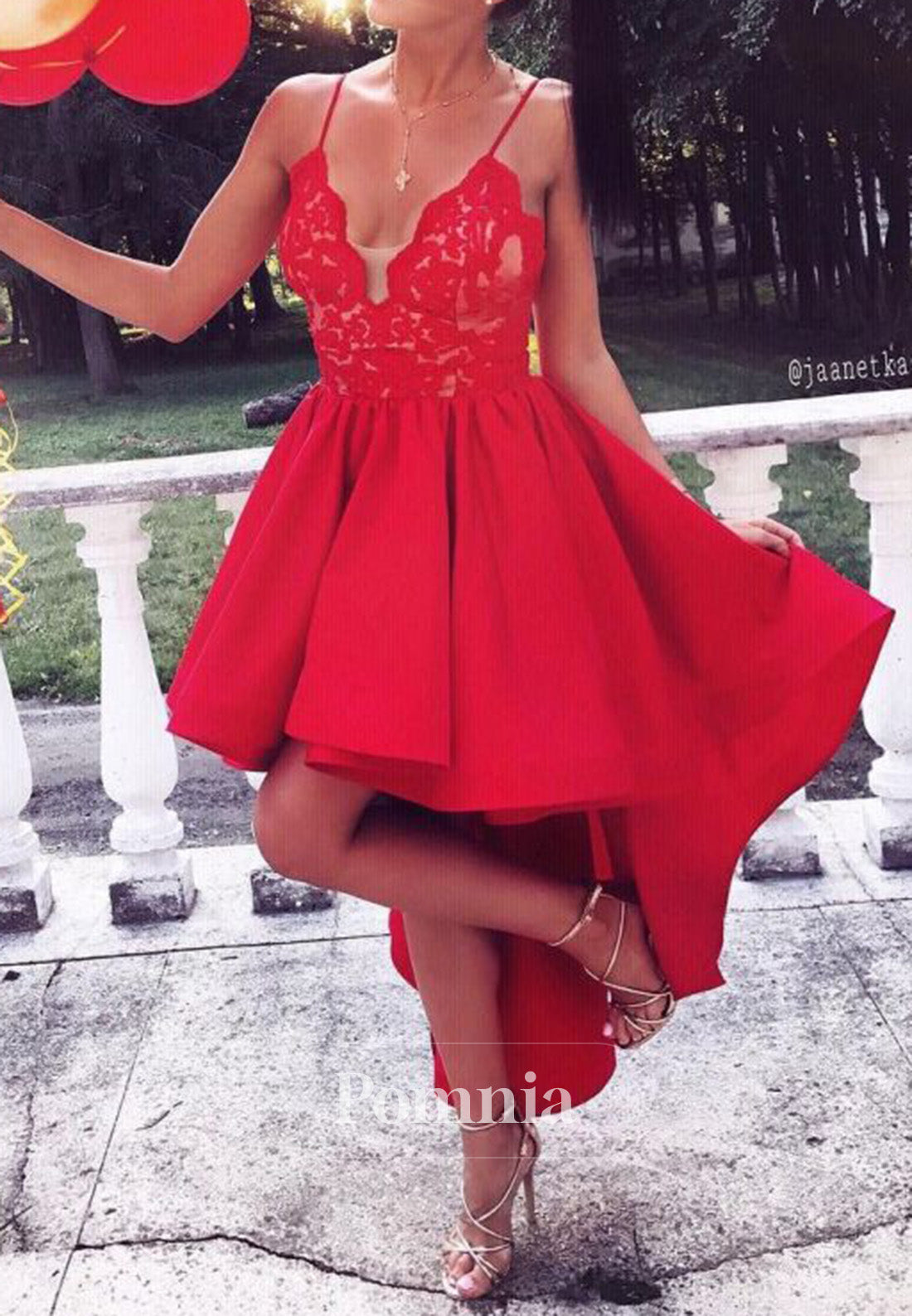 Cute Red High Low A-Line Lace V-Neck Homecoming Dress