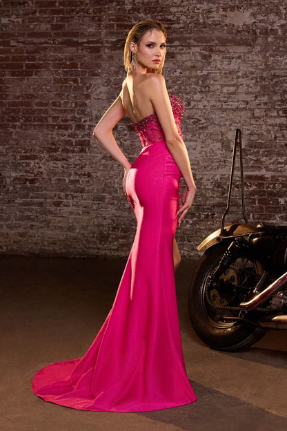 Strapless Beaded Mermaid Floor-Length Prom Dresses with High Slit