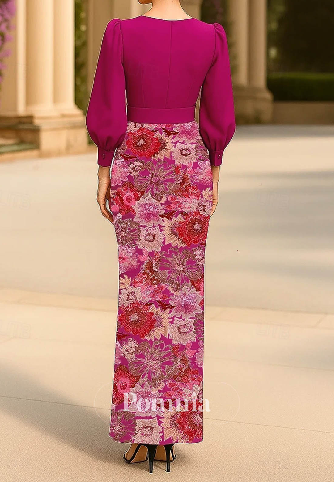 Fuchsia Long Sleeves V-Neck Appliques Evening Dress