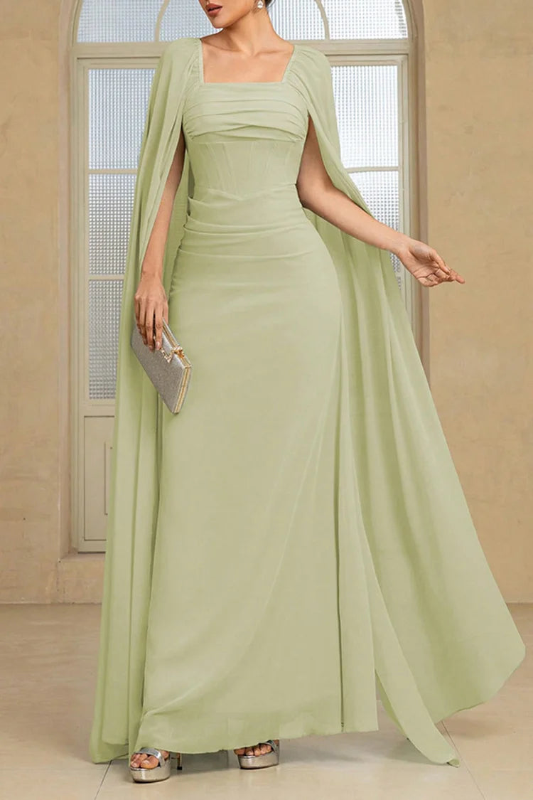 Pleated Square Neck Cape Sleeve Solid Color Party Maxi Dress