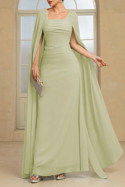 Pleated Square Neck Cape Sleeve Solid Color Party Maxi Dress