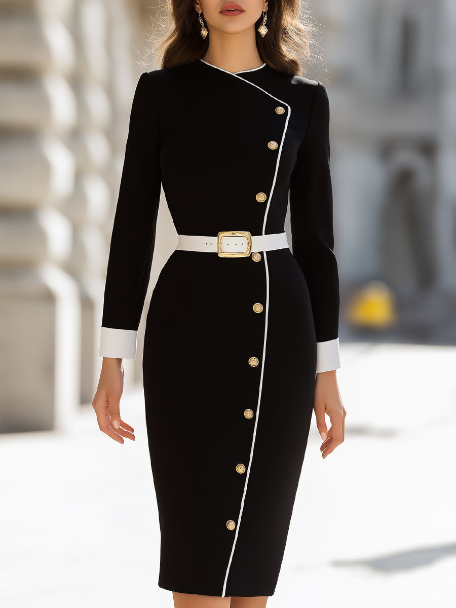 Asymmetrical Buttoned Midi Dress With Contrast Trim