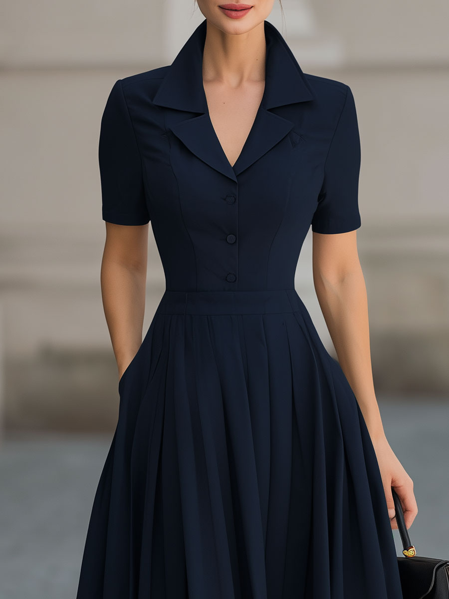The Deep Navy Shirt Collar Fit-and-Flare Midi Dress