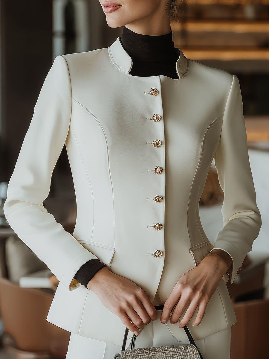 High-Neck Sculpted Button-Front Tailored Jacket