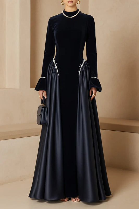 Velvet Patchwork Flare Sleeve Rhinestone Decor Party Maxi Dress