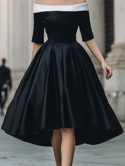 Elegant Black And White Off-Shoulder Midi Dress