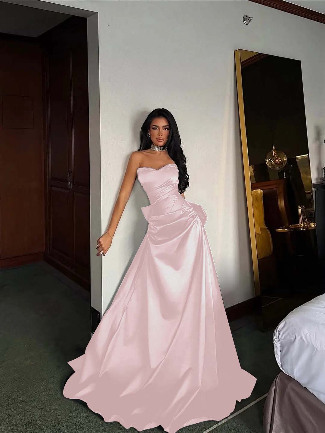 Black Satin Sweetheart Strapless Sleeveless Long A-Line Prom Dress With Pleated