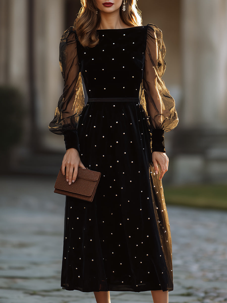 Embellished Sheer-Sleeve A-Line Midi Dress