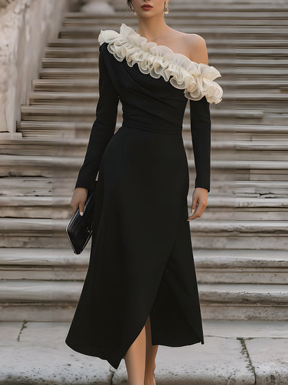 Asymmetric Ruffled Off-Shoulder Midi Dress