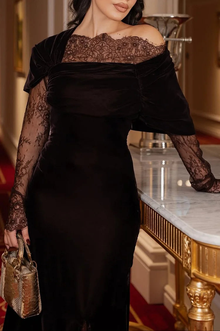 Asymmetric Collar Slit Lace Patch Velvet Maxi Dress