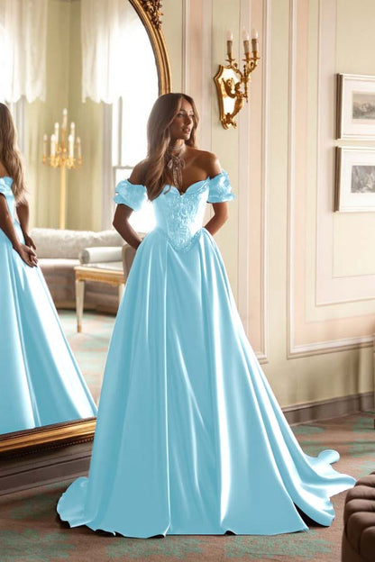 Short Sleeves Long A-Line Prom Dress With Embroidered And Pleated