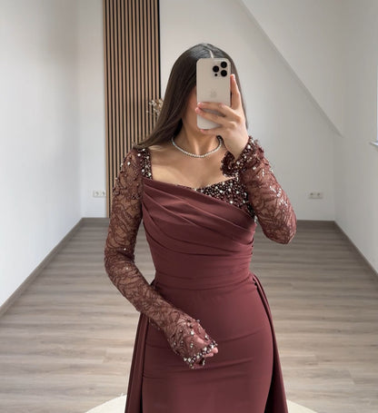 Long Sleeves Empire-Waist Ruched Feathers Formal Evening Dress