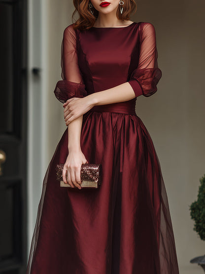 Elegant Sheer-Sleeve A-Line Midi Dress