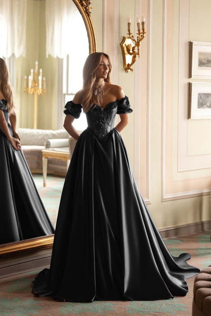 Short Sleeves Long A-Line Prom Dress With Embroidered And Pleated