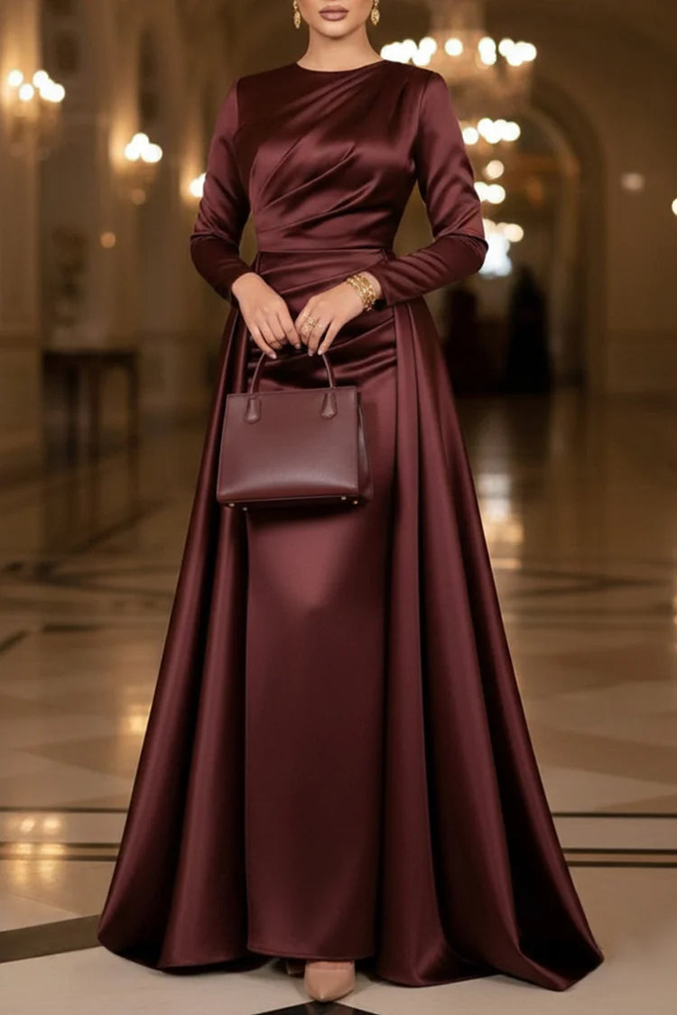 Draped Train Cinch Waist Round Neck Satin Party Maxi Dresses