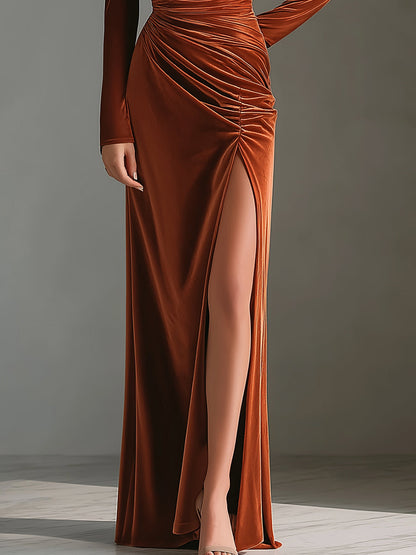 Rust Brown Off-Shoulder Velvet Ruched Gown With High Slit
