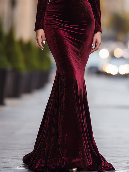 Burgundy Velvet Long Sleeve Mermaid Evening Gown