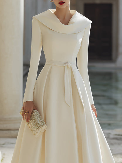 Ivory Bow Belted Midi Dress With Wide Collar