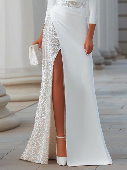 Sequin Contrast Panel Draped Evening Gown