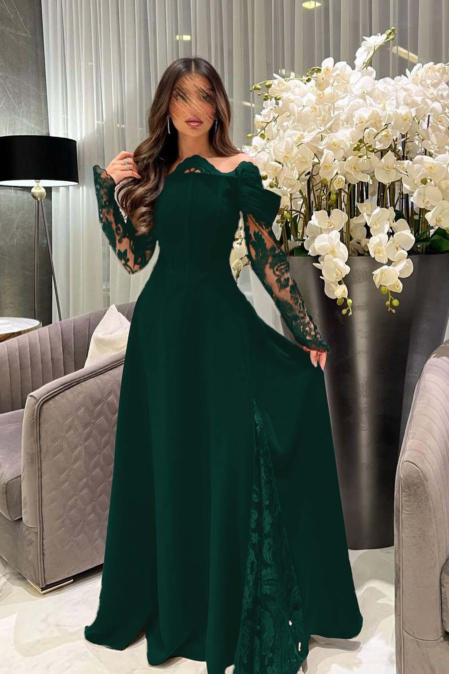 Off the Shoulder Long Sleeves Long Prom Dress With Appliques