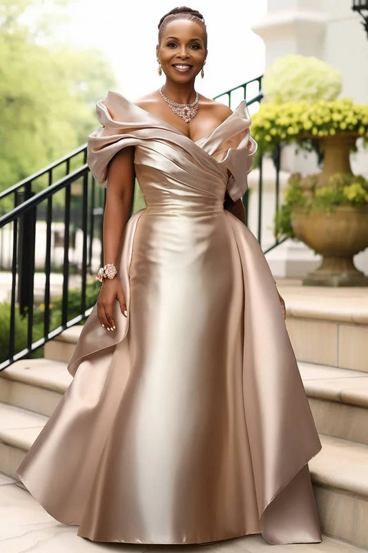 Formal Champagne V Neck Short Sleeve Peplum Satin Maxi Dress
