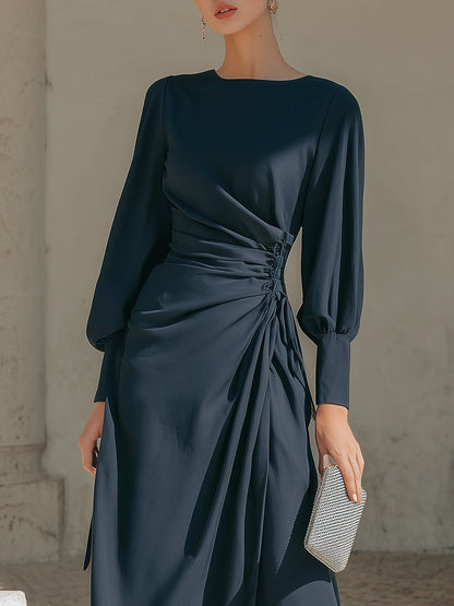 Draped Side-Tie Midi Dress With Elegant Long Sleeves