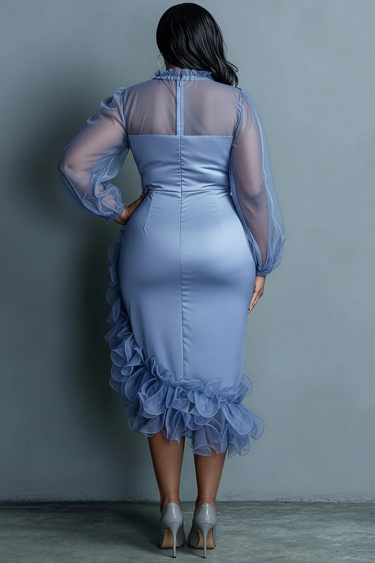 Cocktail Party Blue Round Neck Long Sleeve Ruffle Elegant Bodycon Satin Lace Midi Dress