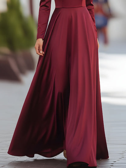 Burgundy Satin Maxi Dress With High Neck And Flowing Skirt