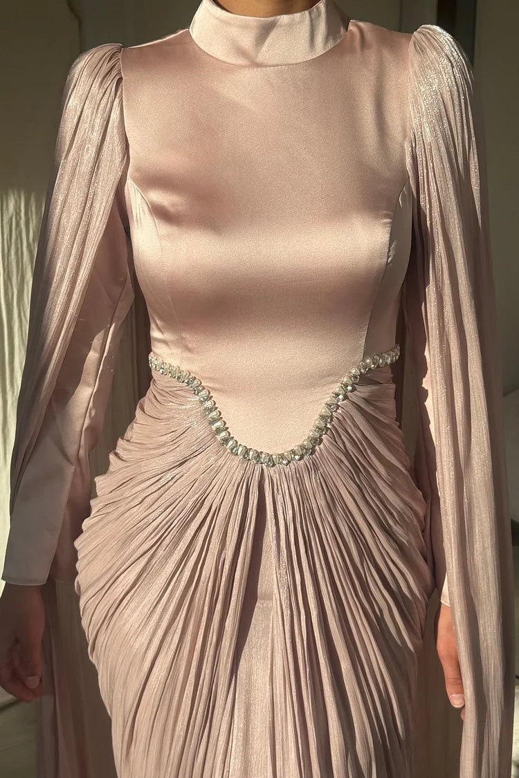 Rhinestone Cape Sleeve Ruched High Neck Party Maxi Dress