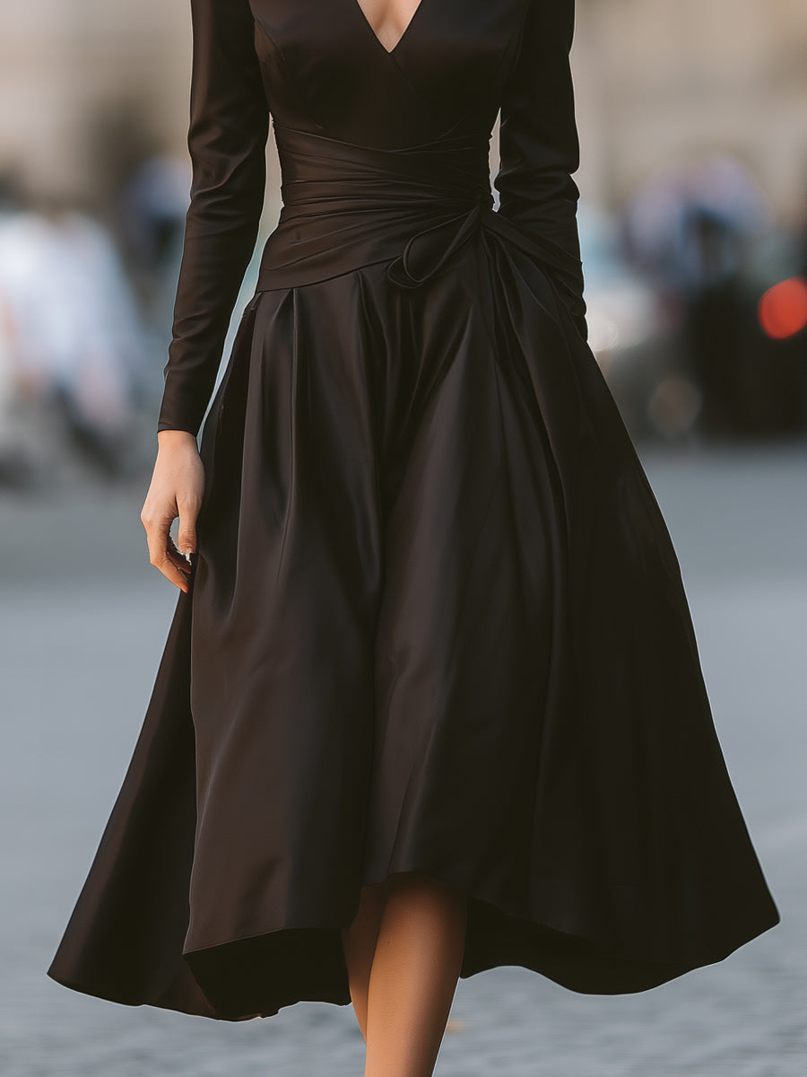 Black Satin Wrap Midi Dress