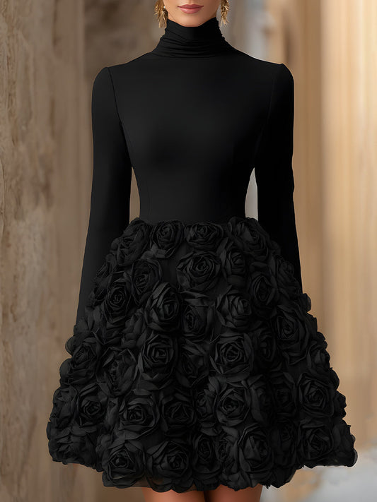 High-Neck Sculpted Rose Appliqué Mini Dress