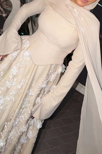 3D Floral Embroidery Corset Streamer Slit Cuff Party Maxi Dress