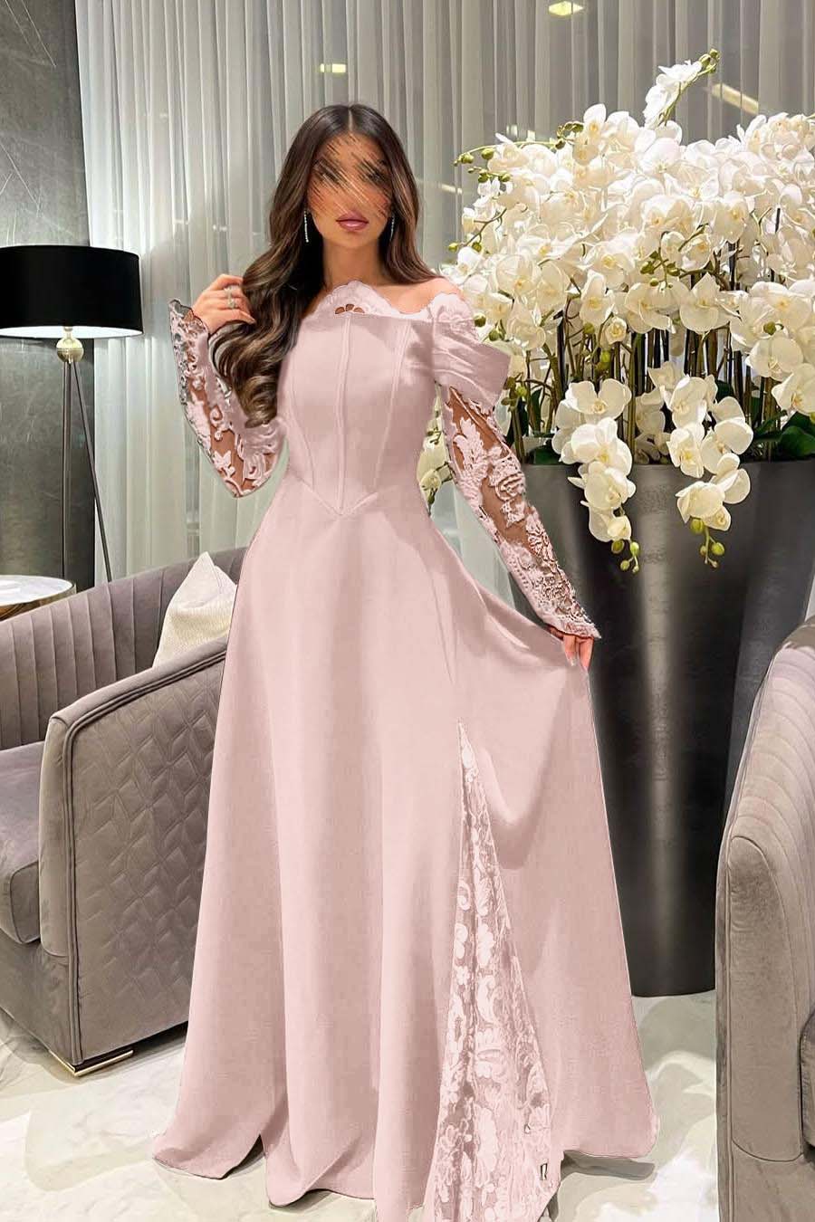 Off the Shoulder Long Sleeves Long Prom Dress With Appliques
