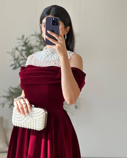 Burgundy High-Neck A-Line Prom Dress Off-the-Shoulder pleated