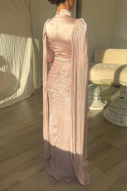 Rhinestone Cape Sleeve Ruched High Neck Party Maxi Dress