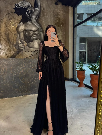 Lantern Long Sleeves Long A-Line Pleated Prom Dress With Split And Corset