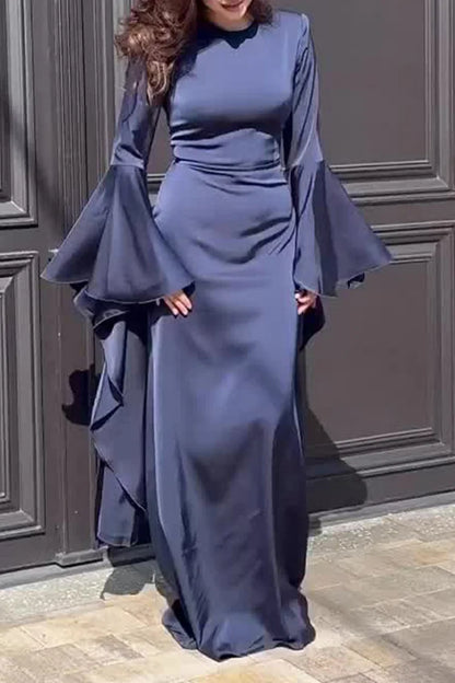 Irregular Flare Sleeve Round Neck Solid Color Maxi Dresses