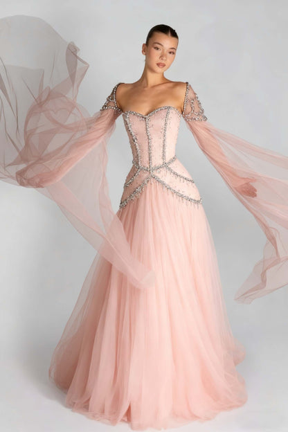 Long Sleeves Sweetheart Long A Line Prom Dress With Pleated Beading