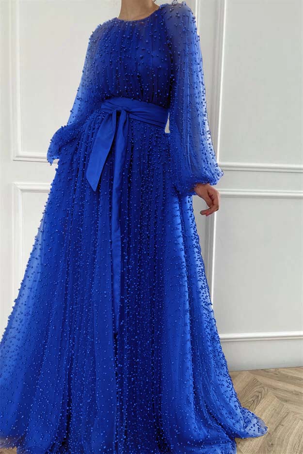 Long Sleeves Long Jewel Neck Prom Dress With Pleated Beading