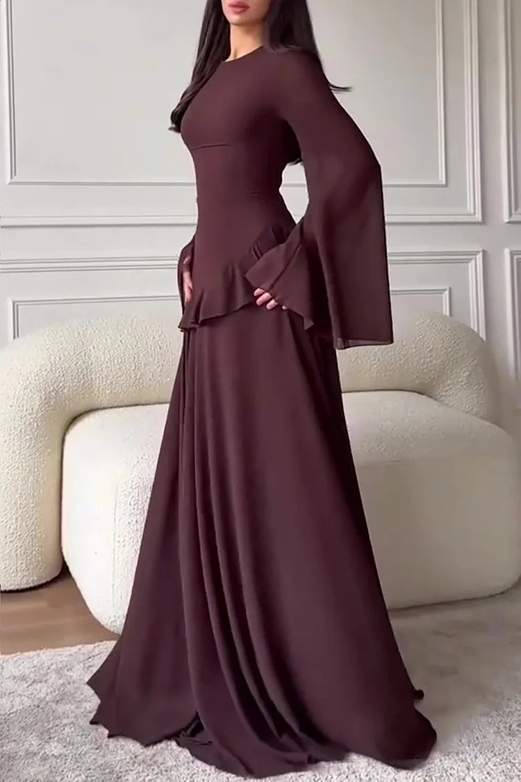 Round Neck Flare Sleeve Ruffled Solid Color Maxi Dresses