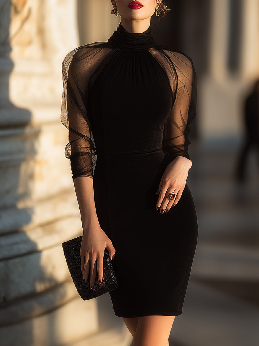Sheer-Sleeve High-Neck Cocktail Dress