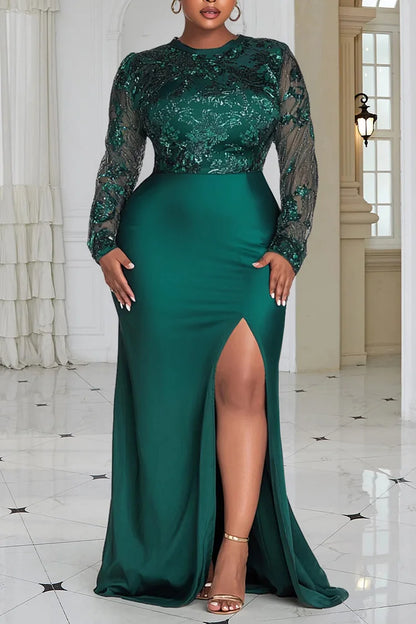 Green Round Neck Long Sleeve Split Elegant See Through Sequin Maxi Dress