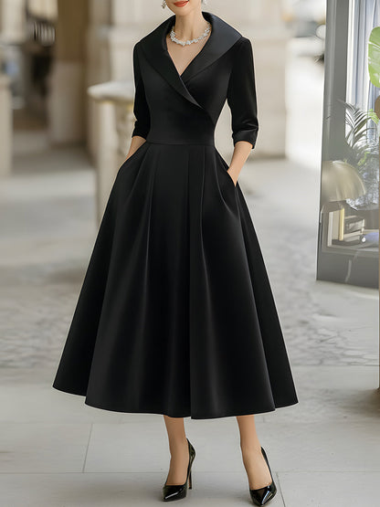 Elegant Velvet Midi Dress With Satin Lapel