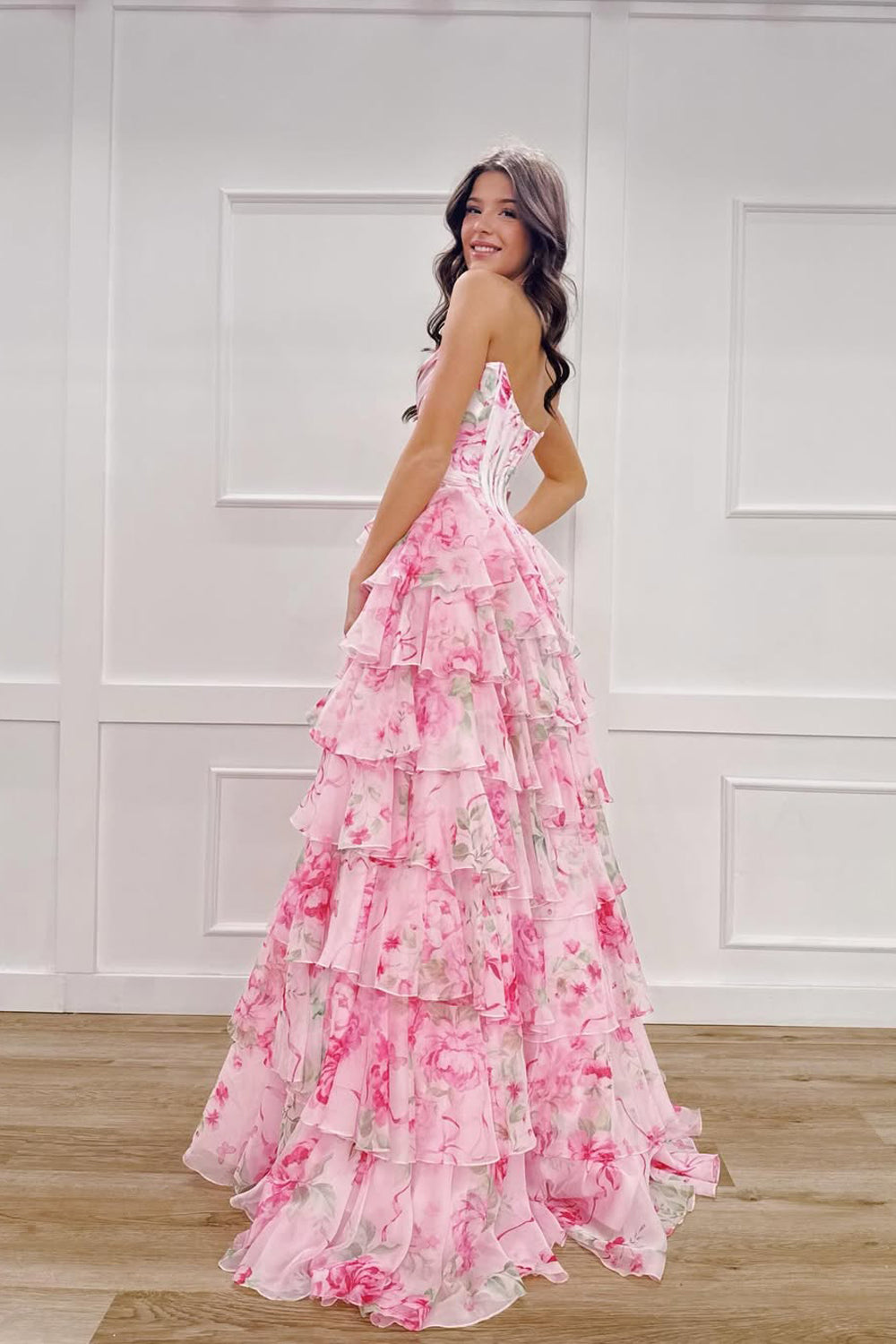 Cute A Line Sweetheart Pink Floral Chiffon Long Prom Dress with Slit