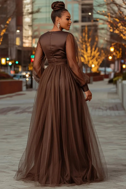 Formal Satin Brown V Neck Lantern Sleeve Long Sleeve Split Tulle Maxi Dress