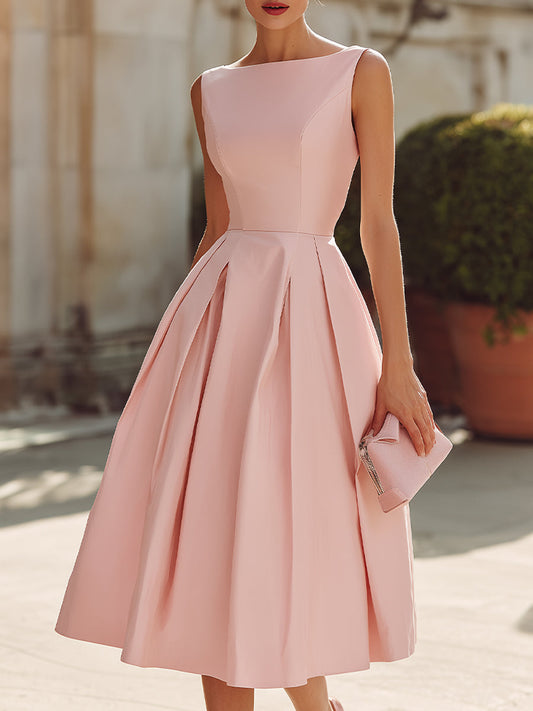 Sleeveless Pleated Midi Dress With Structured Waist