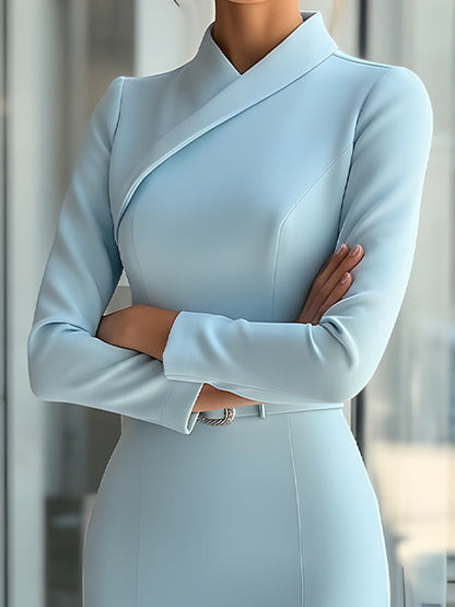 Ice Blue Structured High-Neck Pencil Dress