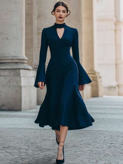 Navy Flared Midi Dress With Keyhole Neckline