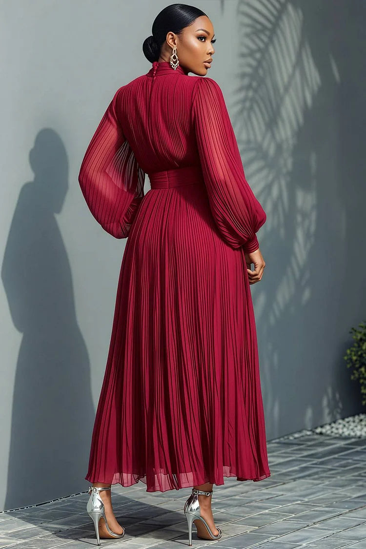 Mock Neck Lantern Sleeve Long Sleeve See Through Elegant Ruffled Midi Dress