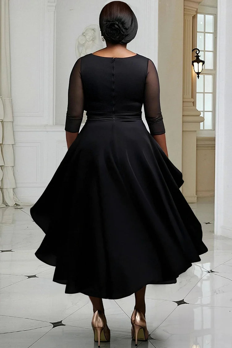 Formal Black Round Neck 3/4 Sleeve 3D Elegant Asymmetric Hem Midi Dress